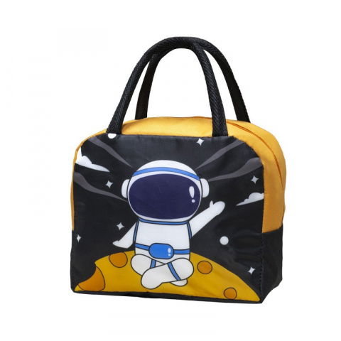 Genți termice pentru copii - Geanta termoizolanta pentru copii, 23x13x19 cm, model imprimeu astronaut, din folie de aluminiu si panza oxford, negru/portocaliu