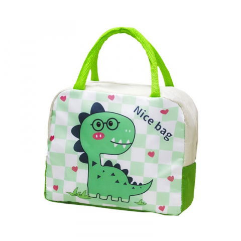 Genți termice pentru copii - Geanta termoizolanta pentru copii, 23x13x19 cm, model imprimeu dinozaur, din folie de aluminiu si panza oxford, verde
