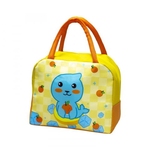 Genți termice pentru copii - Geanta termoizolanta pentru copii, 23x13x19 cm, model imprimeu foca, din folie de aluminiu si panza oxford, galben/portocaliu