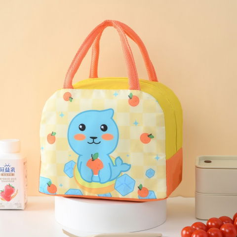 Geanta termoizolanta pentru copii, 23x13x19 cm, model imprimeu foca, din folie de aluminiu si panza oxford, galben/portocaliu [4]