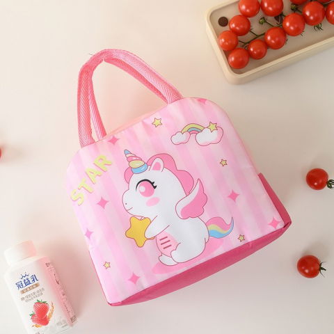 Geanta termoizolanta pentru copii, 23x13x19 cm, model imprimeu unicorn, din folie de aluminiu si panza oxford, roz [5]