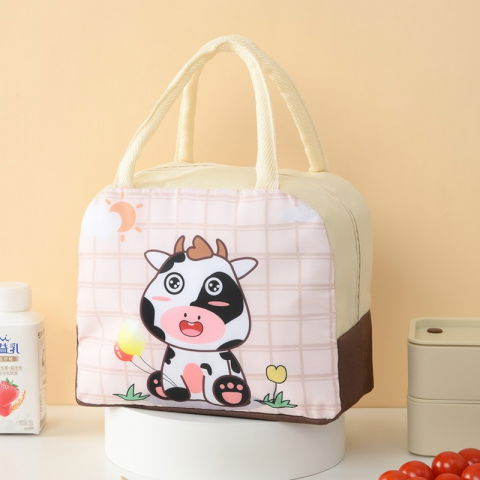 Geanta termoizolanta pentru copii, 23x13x19 cm, model imprimeu vacuta, din folie de aluminiu si panza oxford, bej [5]