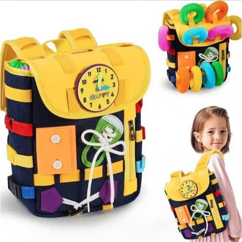 Ghiozdan montessori, pentru copii 2-6 ani, fidget pop, cu catarame si fermoare, jucarii senzoriale, activitate de invatare prin joc, albastru marin, 0.25 kg, 28x10x23 cm [5]