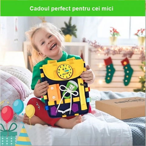 Ghiozdan montessori, pentru copii 2-6 ani, fidget pop, cu catarame si fermoare, jucarii senzoriale, activitate de invatare prin joc, albastru marin, 0.25 kg, 28x10x23 cm [1]