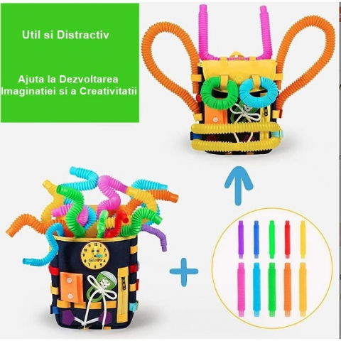 Ghiozdan montessori, pentru copii 2-6 ani, fidget pop, cu catarame si fermoare, jucarii senzoriale, activitate de invatare prin joc, albastru marin, 0.25 kg, 28x10x23 cm [3]