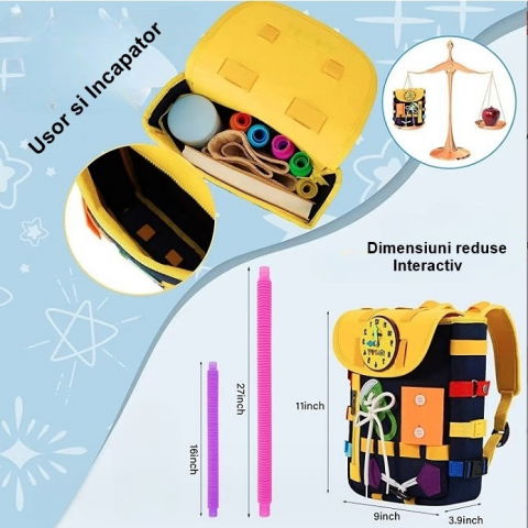 Ghiozdan montessori, pentru copii 2-6 ani, fidget pop, cu catarame si fermoare, jucarii senzoriale, activitate de invatare prin joc, albastru marin, 0.25 kg, 28x10x23 cm [2]