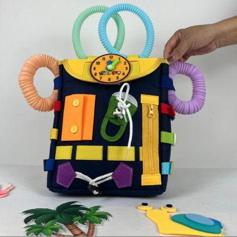 Ghiozdan montessori, pentru copii 2-6 ani, fidget pop, cu catarame si fermoare, jucarii senzoriale, activitate de invatare prin joc, albastru marin, 0.25 kg, 28x10x23 cm [4]