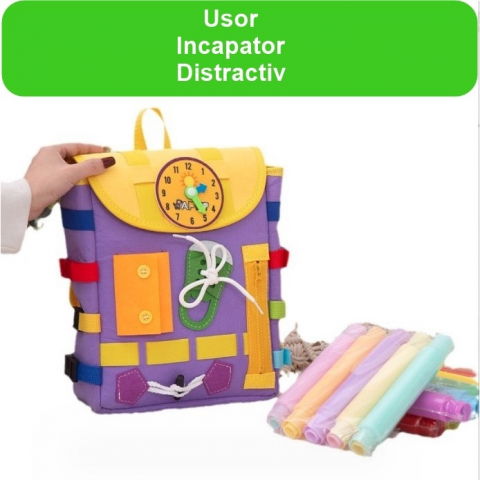 Ghiozdan montessori, pentru copii 2-6 ani, fidget pop, cu catarame si fermoare, jucarii senzoriale, activitate de invatare prin joc, mov, 0.25 kg, 28x10x23 cm [1]