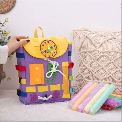 Ghiozdan montessori, pentru copii 2-6 ani, fidget pop, cu catarame si fermoare, jucarii senzoriale, activitate de invatare prin joc, mov, 0.25 kg, 28x10x23 cm [4]