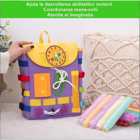 Ghiozdan montessori, pentru copii 2-6 ani, fidget pop, cu catarame si fermoare, jucarii senzoriale, activitate de invatare prin joc, mov, 0.25 kg, 28x10x23 cm [2]