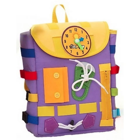 Triciclete, mașinuțe și accesorii pentru transportul copiilor - Ghiozdan montessori, pentru copii 2-6 ani, fidget pop, cu catarame si fermoare, jucarii senzoriale, activitate de invatare prin joc, mov, 0.25 kg, 28x10x23 cm