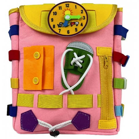 Triciclete, mașinuțe și accesorii pentru transportul copiilor - Ghiozdan montessori, pentru copii 2-6 ani, fidget pop, cu catarame si fermoare, jucarii senzoriale, activitate de invatare prin joc, roz, 0.25 kg, 28x10x23 cm