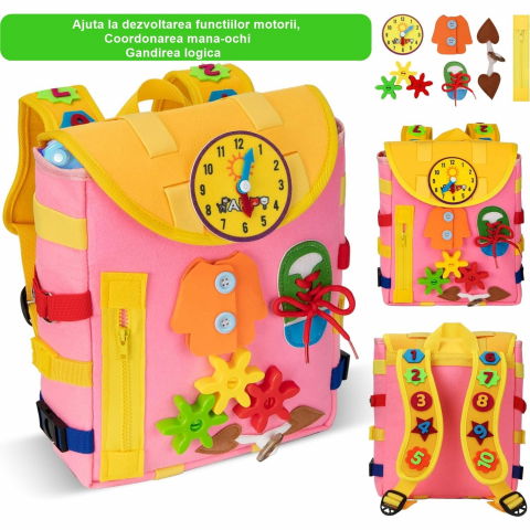 Ghiozdan montessori, pentru copii 2-6 ani, fidget pop, cu catarame si fermoare, jucarii senzoriale, activitate de invatare prin joc, roz, 0.25 kg, 28x10x23 cm [1]