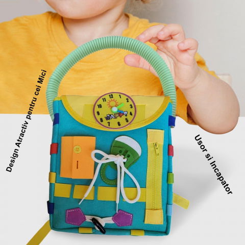 Ghiozdan montessori, pentru copii 2-6 ani, fidget pop, cu catarame si fermoare, jucarii senzoriale, activitate de invatare prin joc, turcoaz, 0.25 kg, 28x10x23 cm [2]