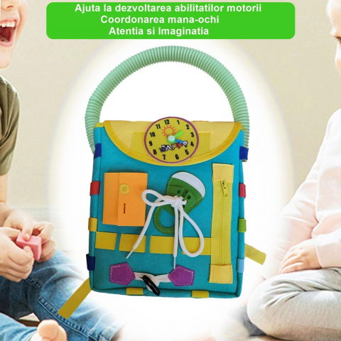 Ghiozdan montessori, pentru copii 2-6 ani, fidget pop, cu catarame si fermoare, jucarii senzoriale, activitate de invatare prin joc, turcoaz, 0.25 kg, 28x10x23 cm [1]