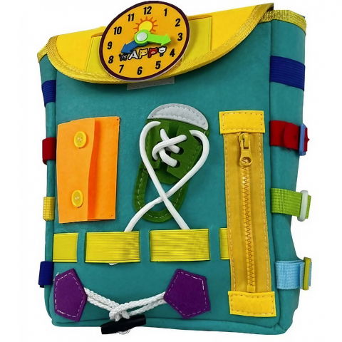 Triciclete, mașinuțe și accesorii pentru transportul copiilor - Ghiozdan montessori, pentru copii 2-6 ani, fidget pop, cu catarame si fermoare, jucarii senzoriale, activitate de invatare prin joc, turcoaz, 0.25 kg, 28x10x23 cm