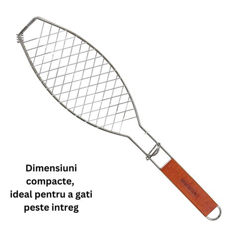 Gratar grill inox pentru peste, cu maner, de dimensiuni reduse, usor de transportat si depozitat, argintiu, 56x12 cm [3]