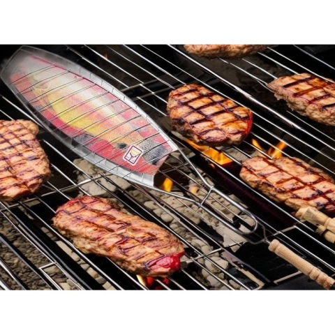 Gratar grill inox pentru peste, cu maner, de dimensiuni reduse, usor de transportat si depozitat, argintiu, 56x12 cm [5]