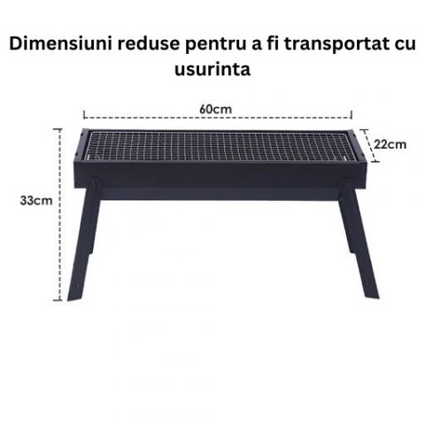 Gratar portabil, confectionat din metal, pentru picnic, gradina, terasa, camping, dimensiuni reduse, 60x22x23 cm, negru [7]