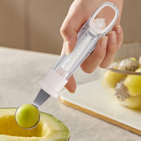 Lingura pentru bile de fructe, scobitor fructe, ustensila multifunctionala pentru fructe, accesoriu de bucatarie, lingura antialunecare pentru salata de fructe, 17.6 x 2.9 cm, bej [2]