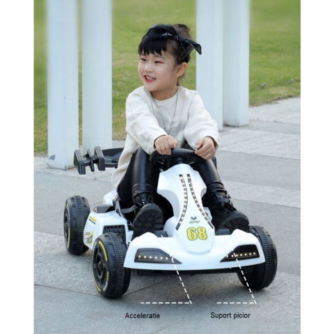 Masinuta electrica  tip kart, cu telecomanda, dimensiune reglabila, 2 viteze, sistem de lumini si sunet, pentru copii intre 1.2 - 1.6 inaltime, 105 x 55 x 50 cm, alb [2]