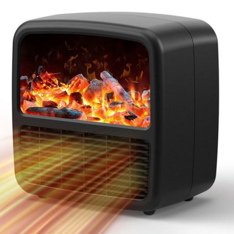 Ventilatoare - Mini aeroterma portabila, display lcd, flacara tip semineu, 1500w, 2 trepte, oprire automata, 22 x 22 x 15 cm, negru