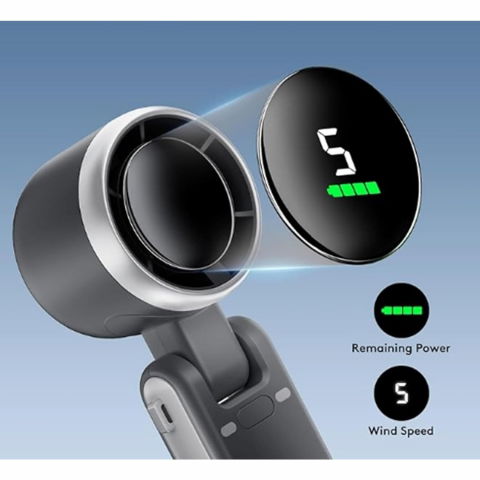 Mini ventilator portabil, 5 trepte de viteza, afisaj digital, incarcare usb, 5v, 2a, 5.95 x 5.2 x 17.2 cm, negru [2]