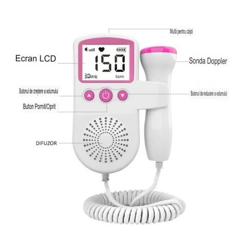 Monitor fetal doppler, monitorizare sarcina, ritm cardiac, ecran lcd 4.5 cm, 2 x baterii aa (neincluse), portabil, din abs, 12.8 x 9.6 x 3 cm, utilizare de la 9 saptamani, roz [3]