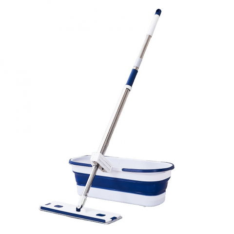 Mop plat, cu galeata pliabila, 2 rezerve din microfibra, 127 cm tija telescopica, utilizare umeda/uscata, recipient lichid, albastru [3]
