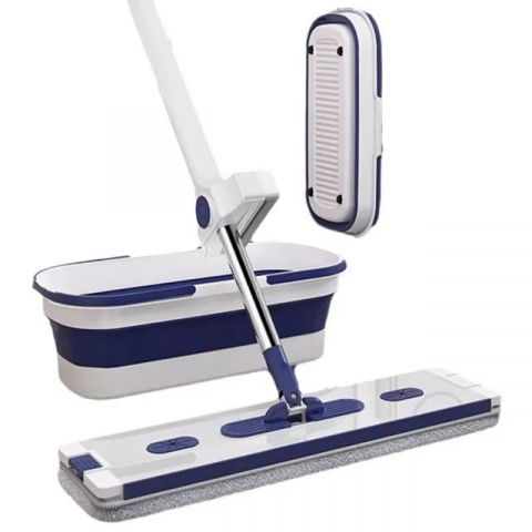 Îngrijire şi confort acasă - Mop plat, cu galeata pliabila, 2 rezerve din microfibra, 127 cm tija telescopica, utilizare umeda/uscata, recipient lichid, albastru