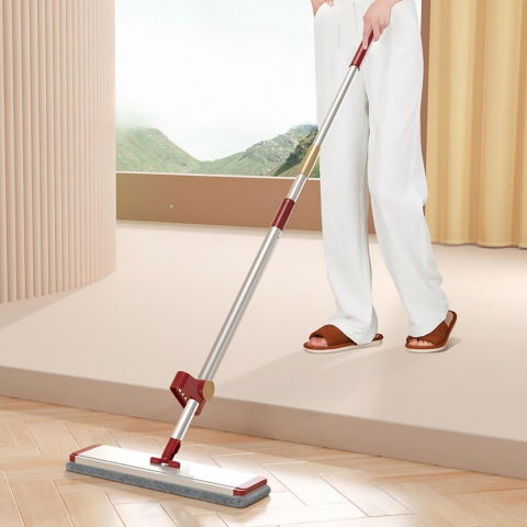 Mop plat cu laveta din microfibra, pentru uz casnic, cu 2 lavete incluse, sistem de stoarcere, tija telescopica 130 cm, rotire 360°, 42 x 130 cm, rosu [3]