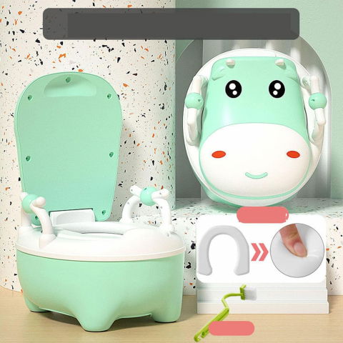 Olita pentru copii, +1an, portabila, design vacuta cu capac, model prietenos, non-toxic, cu manere, compartiment detasabil, perie inclusa, usor de curatat, verde [5]