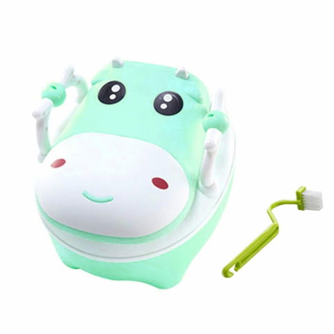 Olita pentru copii, +1an, portabila, design vacuta cu capac, model prietenos, non-toxic, cu manere, compartiment detasabil, perie inclusa, usor de curatat, verde [6]