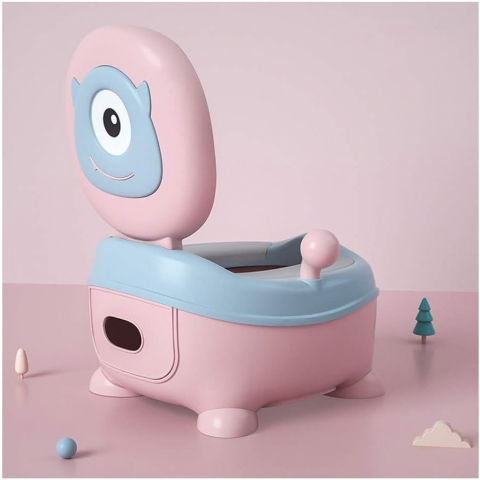 Olita pentru copii, +6 luni, compartiment detasabil, cu capac, antiderapanta, din plastic, colac moale, model animat ciclop, cu maner, 33 x 21 x 45 cm, albastru/roz [2]