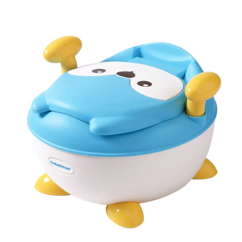 Olita pentru copii, +6 luni, compartiment detasabil, cu capac, antiderapanta, din plastic, colac moale, model animat vulpe, cu maner, 34.5 x 35 x 23 cm, albastru/alb [4]
