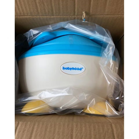 Olita pentru copii, +6 luni, compartiment detasabil, cu capac, antiderapanta, din plastic, colac moale, model animat vulpe, cu maner, 34.5 x 35 x 23 cm, albastru/alb [1]