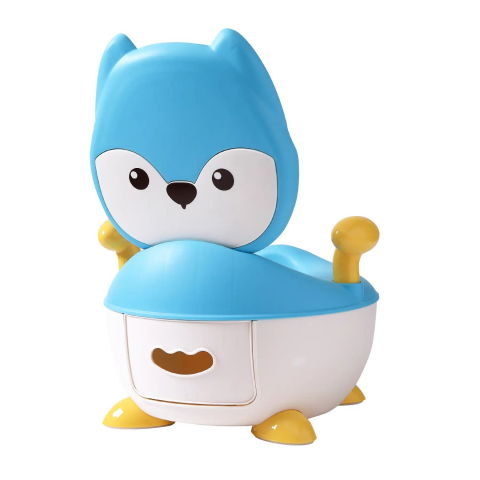 Olita pentru copii, +6 luni, compartiment detasabil, cu capac, antiderapanta, din plastic, colac moale, model animat vulpe, cu maner, 34.5 x 35 x 23 cm, albastru/alb [2]