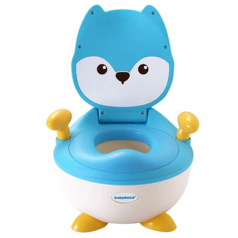 Îngrijire, transport și organizare pentru bebeluși și copii - Olita pentru copii, +6 luni, compartiment detasabil, cu capac, antiderapanta, din plastic, colac moale, model animat vulpe, cu maner, 34.5 x 35 x 23 cm, albastru/alb