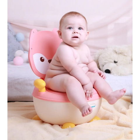 Olita pentru copii, +6 luni, compartiment detasabil, cu capac, antiderapanta, din plastic, colac moale, model animat vulpe, cu maner, 34.5 x 35 x 23 cm, roz/alb [4]