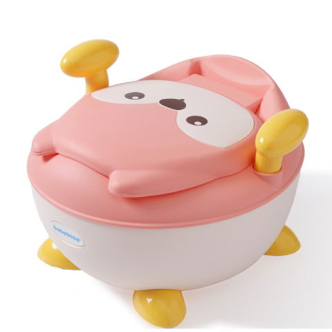 Olita pentru copii, +6 luni, compartiment detasabil, cu capac, antiderapanta, din plastic, colac moale, model animat vulpe, cu maner, 34.5 x 35 x 23 cm, roz/alb [3]
