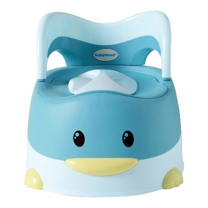Olita pentru copii, +6 luni, detasabila, cu capac, antiderapanta, din plastic, colac moale, model ratusca, 38x32x30 cm, albastru [3]