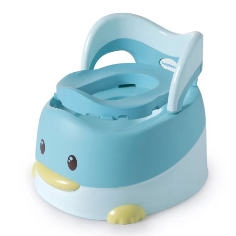 Îngrijire, transport și organizare pentru bebeluși și copii - Olita pentru copii, +6 luni, detasabila, cu capac, antiderapanta, din plastic, colac moale, model ratusca, 38x32x30 cm, albastru