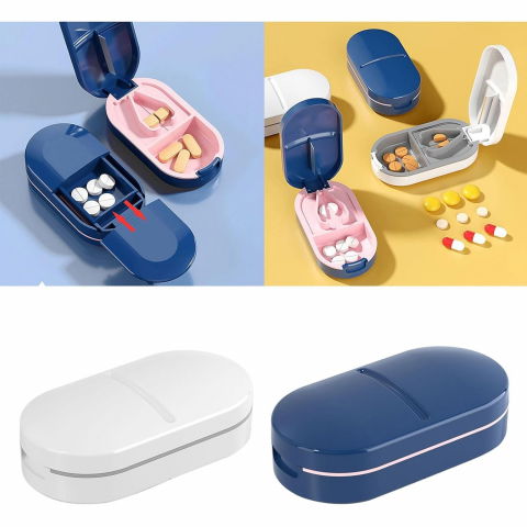 Organizator medicamente, dispozitiv taiere/sfaramare pastile, ideala pentru calatorii, portabila, perie pentru curatare, compartiment depozitare, 8.5x4.5x2.5 cm, albastru [3]