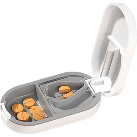 Organizator medicamente, dispozitiv taiere/sfaramare pastile, ideala pentru calatorii, portabila, perie pentru curatare, compartiment depozitare, 8.5x4.5x2.5 cm, alb [3]