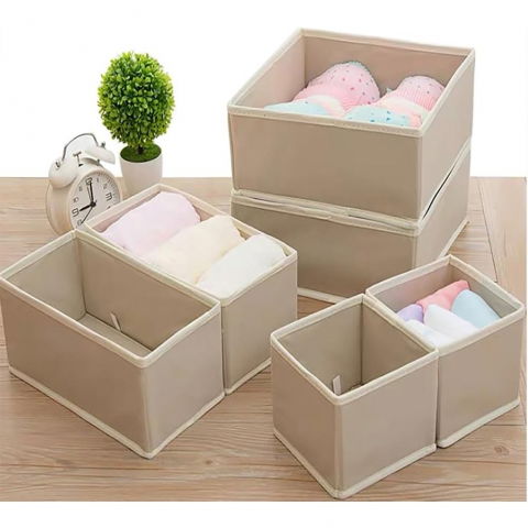 Organizator pentru sertar, 3 marimi, pentru lenjerie, tricouri, sosete, 6 piese, pliabil, stivuibil, din tesatura, alb [2]