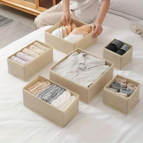 Organizator pentru sertar, 3 marimi, pentru lenjerie, tricouri, sosete, 6 piese, pliabil, stivuibil, din tesatura, alb [3]