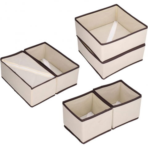 Organizator pentru sertar, 3 marimi, pentru lenjerie, tricouri, sosete, 6 piese, pliabil, stivuibil, din tesatura, alb/maro [1]