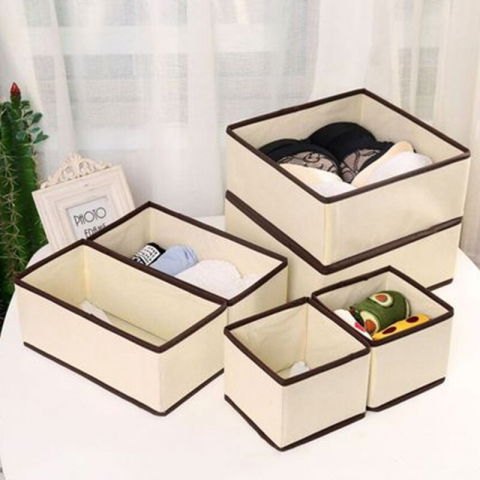 Organizator pentru sertar, 3 marimi, pentru lenjerie, tricouri, sosete, 6 piese, pliabil, stivuibil, din tesatura, alb/maro [4]