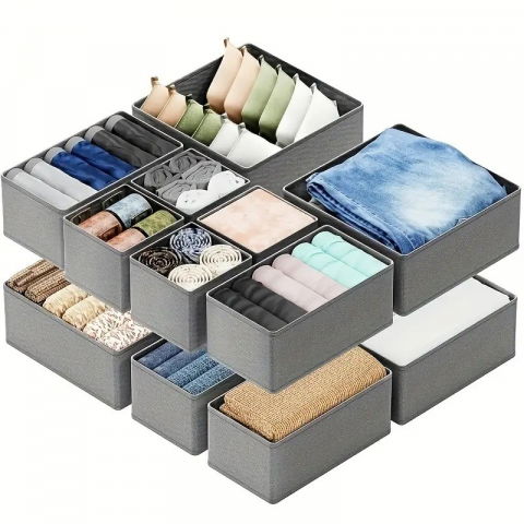 Organizator pentru sertar, 3 marimi, pentru lenjerie, tricouri, sosete, 6 piese, pliabil, stivuibil, din tesatura, gri [3]