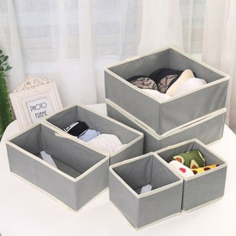 Organizator pentru sertar, 3 marimi, pentru lenjerie, tricouri, sosete, 6 piese, pliabil, stivuibil, din tesatura, gri/alb [1]